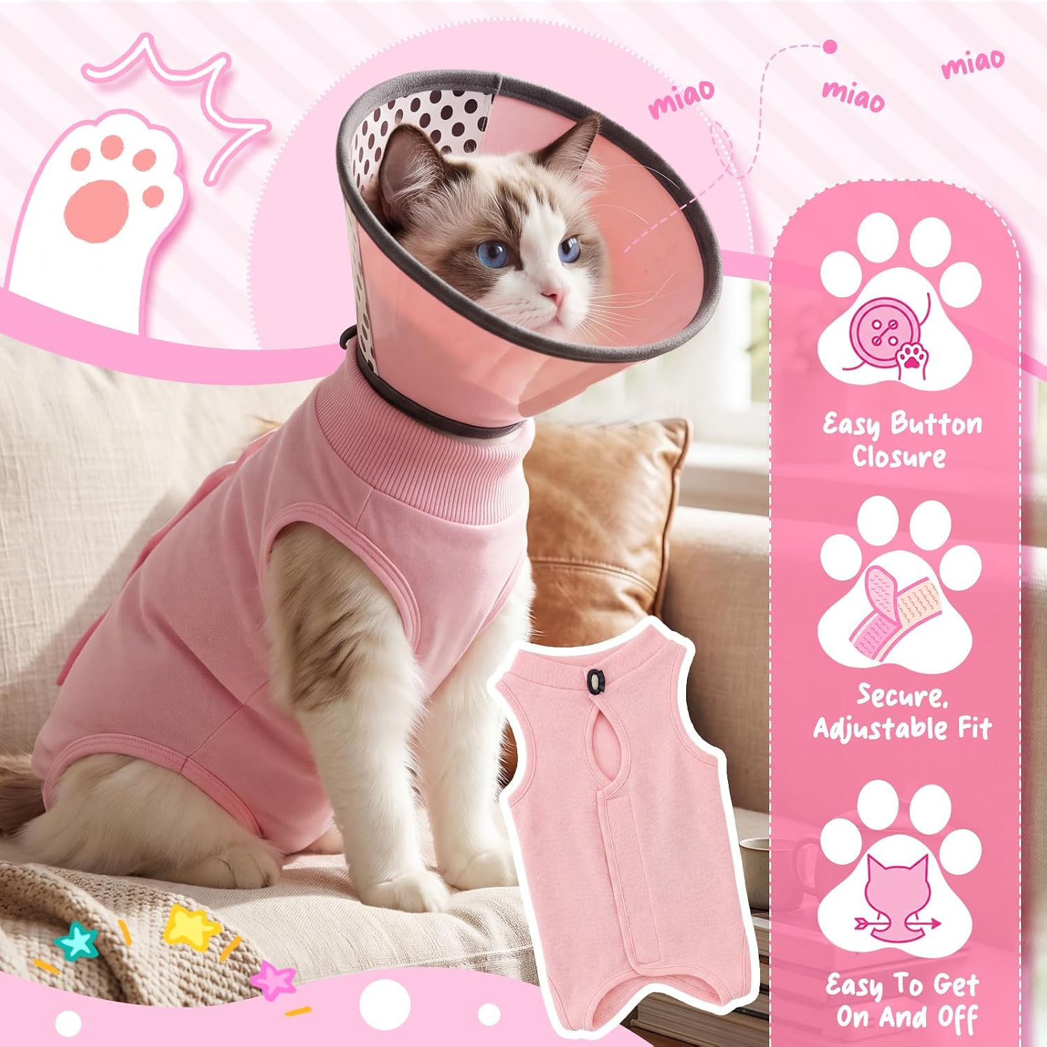 Cat Surgery Recovery Suit Female with Cone Collar Vest Bodysuit for After Surgery Adjustable Collar Abdominal Wound Protection, Anti Licking, Pink(M)
