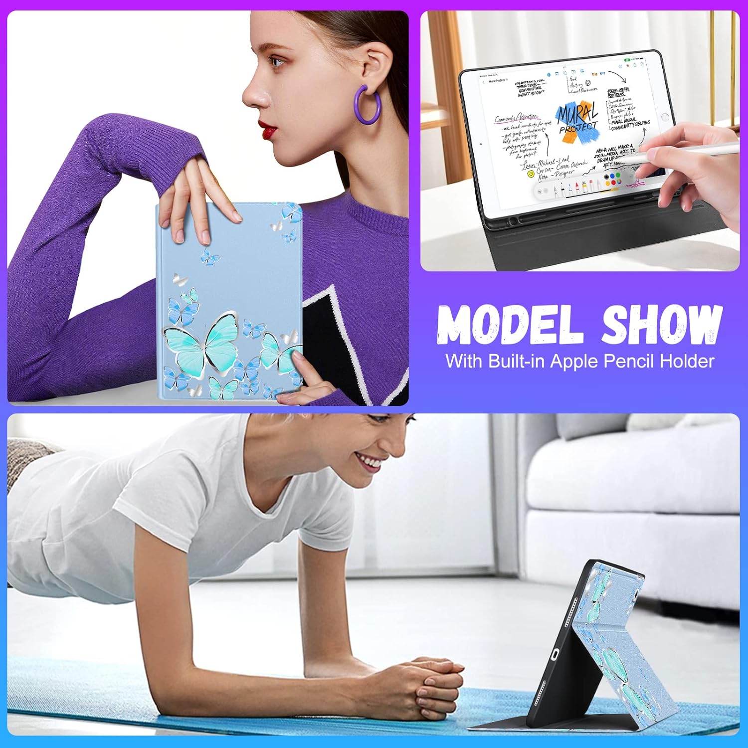 Uppuppy for iPad 9th/8th/7th Generation Case 10.2 Inch Girls Cute Women Folio Smart Cover Pencil Holder Blue Butterfly Aesthetic Design Girly Teens Unique Cases for iPad 7/8/9 Gen A2602 A2270 A2197