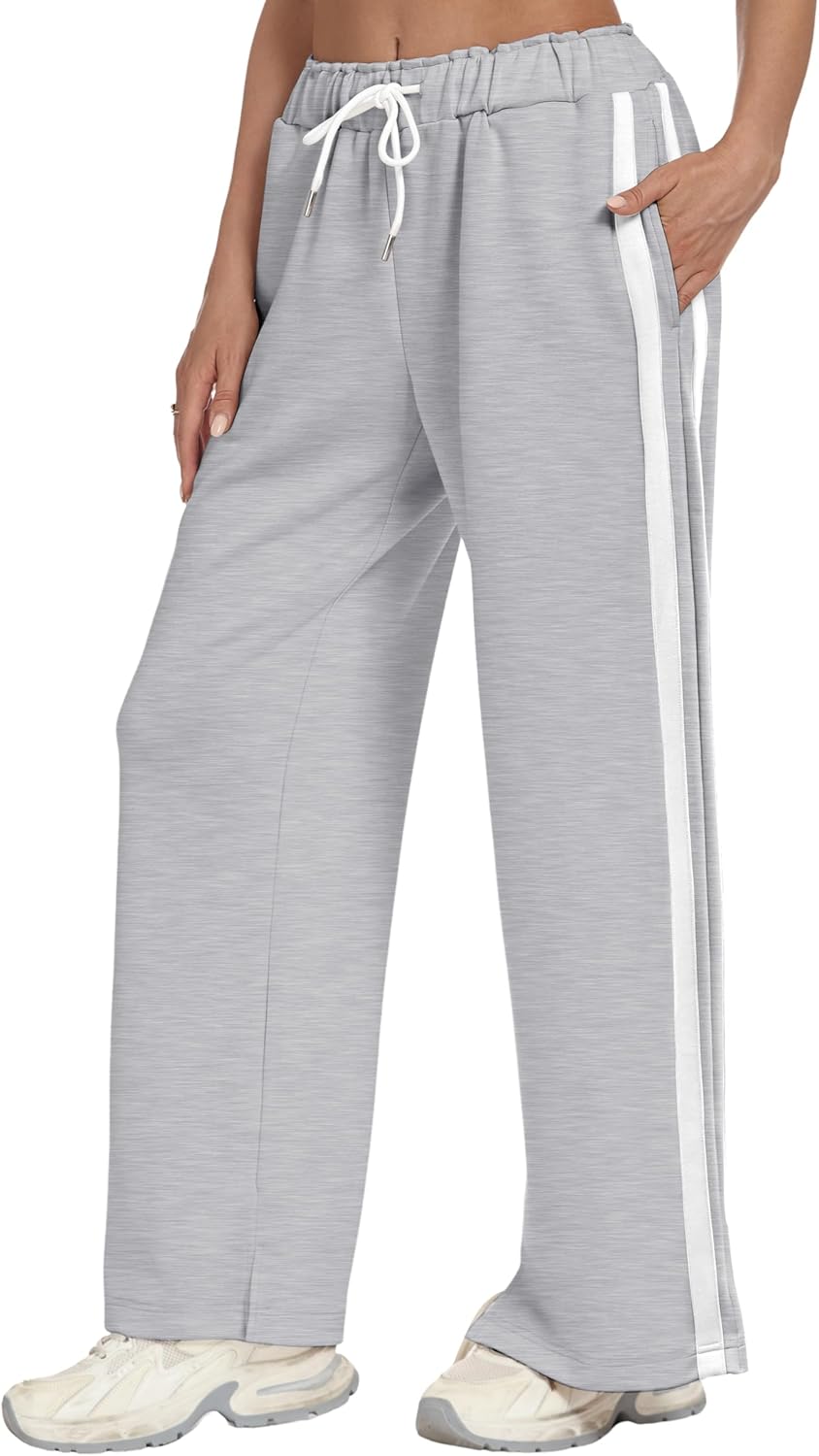 KevaMolly Womens Wide Leg Sweatpants Side Striped High Waisted Baggy Pants Drawstring Lounge Track Pants Athletic Joggers