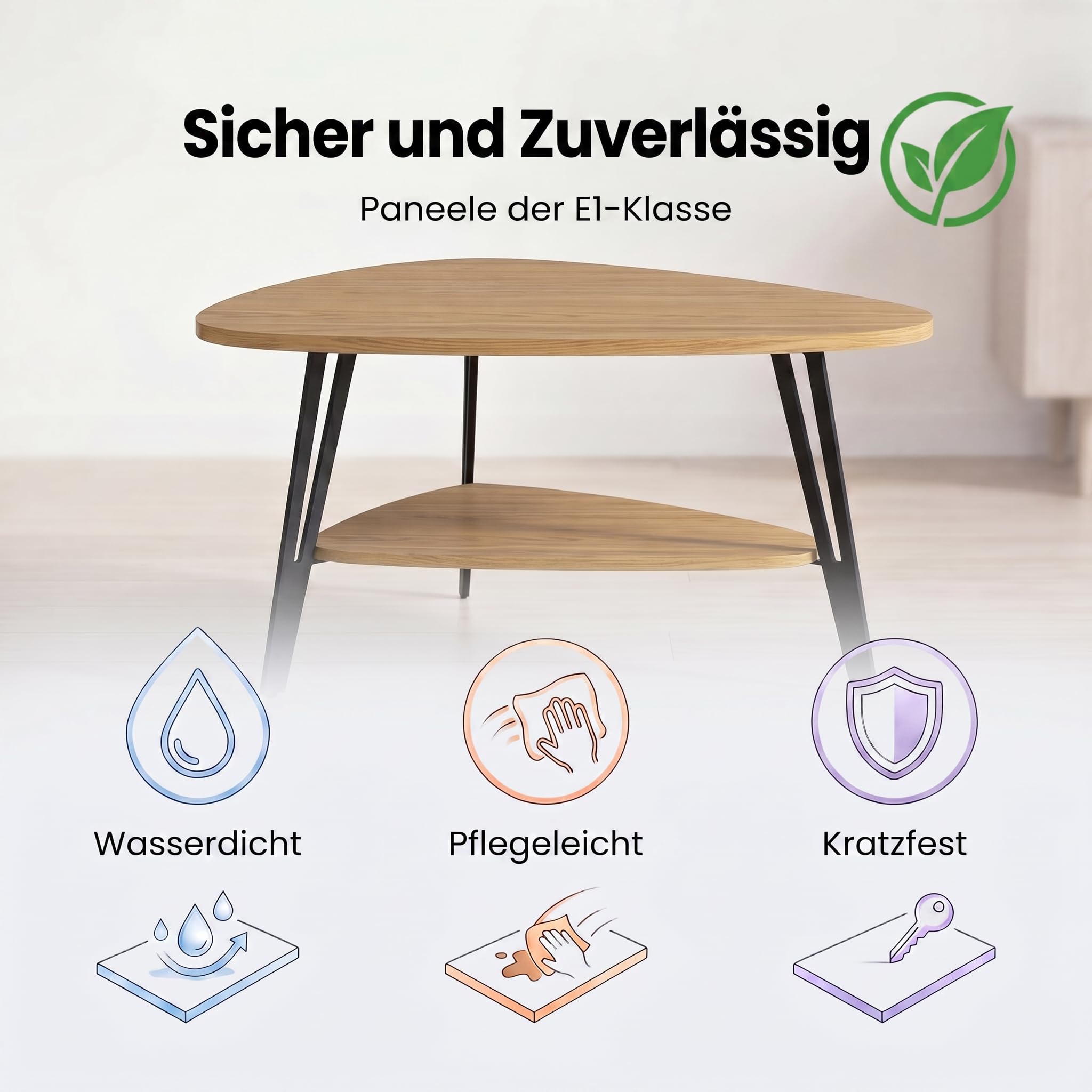 Manora Couchtisch oval Holz mit Ablagefach & Metallbeinen - Moderner Wohnzimmertisch Kaffeetisch Sofatisch Beistelltisch für Wohnzimmer Schlafzimmer Büro (Eiche+Schwarz, zweistöckig, Dreieckig)