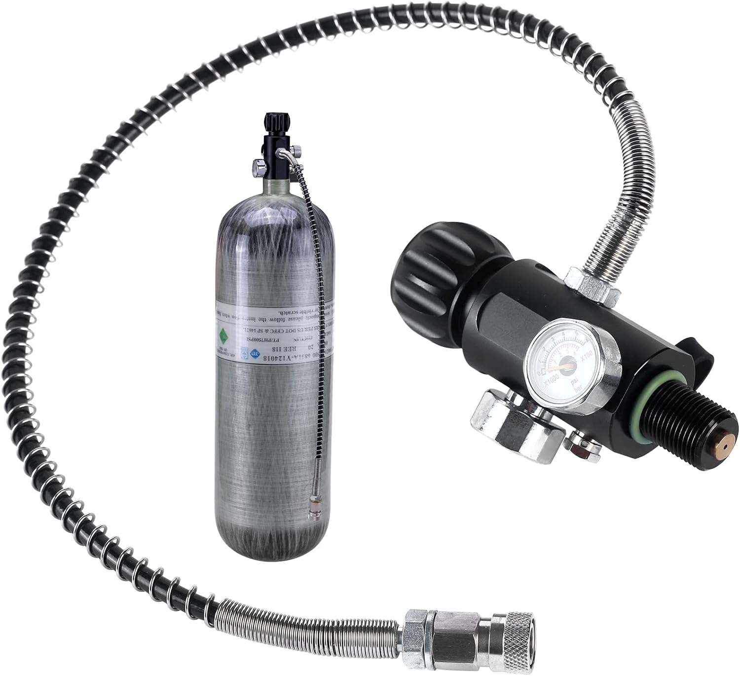 7/8-14UNF thread 4500psi Paintball Fill Station PCP Air-gun Charging Valve Dual Gauge Valve Air Tank Valve with 20 Inch High Pressure Hose (Non Regulated) for Cylinder Charging System