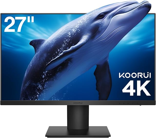 KOORUI 27 Inch Monitors, 4K Computer Monitors UHD(3840 * 2160), IPS, 4ms, 60Hz, 2x HDMI 2.0 & DisplayPort 1.4, Adpitive Sync, HDR10, VESA 100 * 100mm, 90% DCI-P3, Eye Care