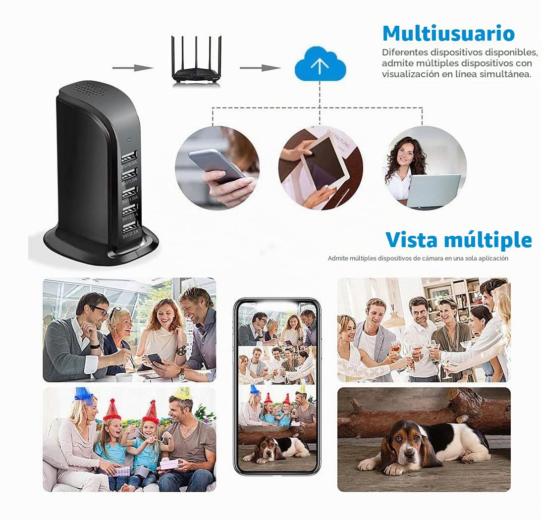 4K Cargador USB WiFi HD 1080P Oculta Mejorado Cámara espía de 5 Puertos, Enchufe inalámbrico, Mini cámara para vigilancia del hogar con detección de Movimiento Control Remoto
