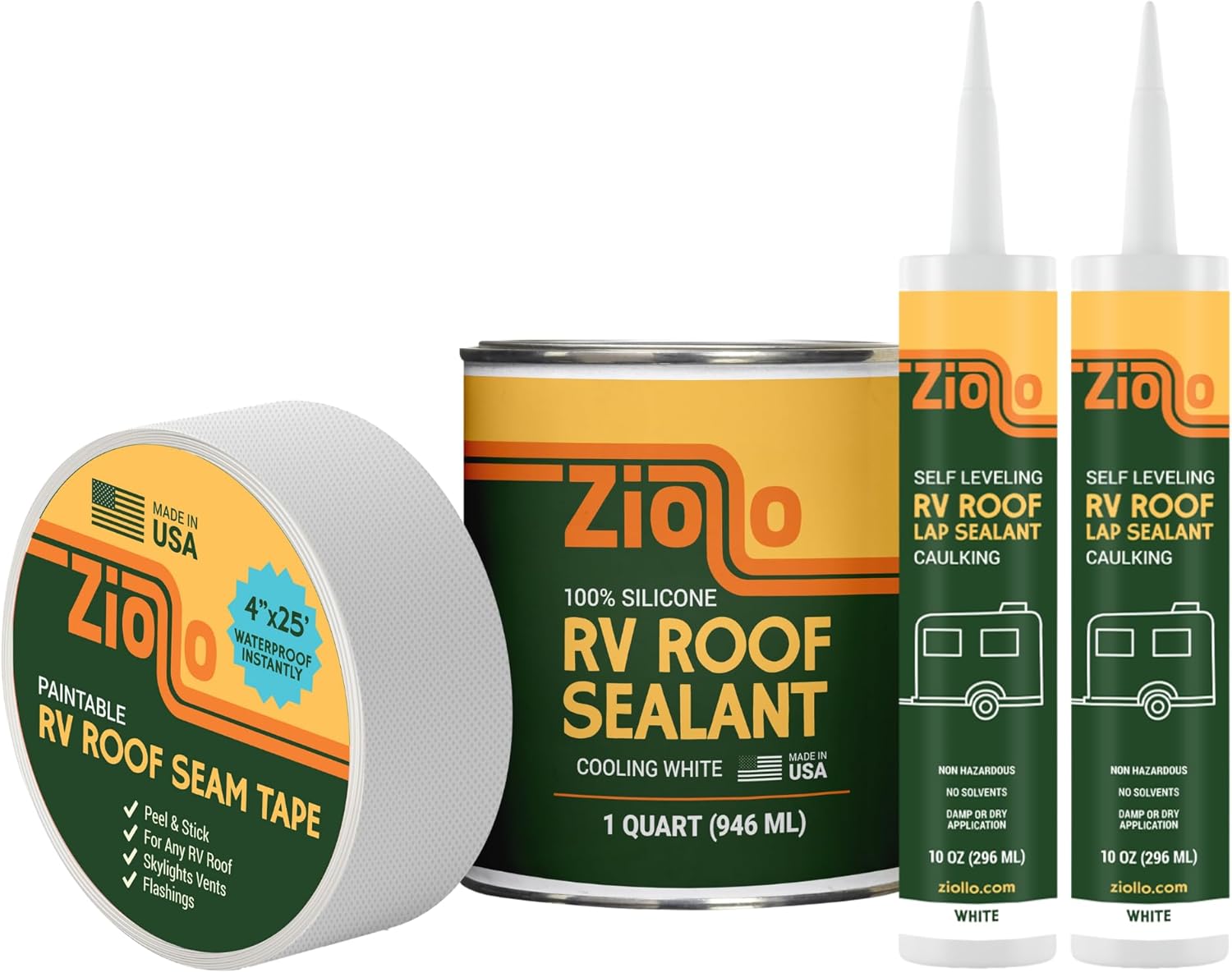 Ziollo RV Roof Small Repair Kit - Roof Repair Kit to Seal and Waterproof, Bond to EPDM Rubber with Sealant (1 Paintable Tape, 2 pk Caulking, and 1 Quart Silicone)