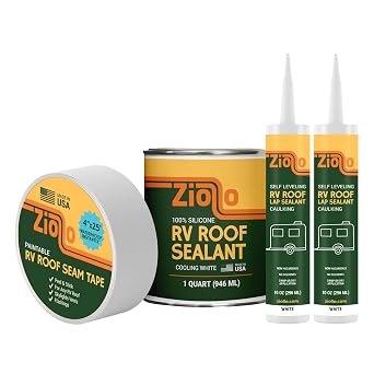 Ziollo RV Roof Small Repair Kit - Roof Repair Kit to Seal and Waterproof, Bond to EPDM Rubber with Sealant 1 Paintable Tape, 2 pk Caulking, and 1 Quart Silicone