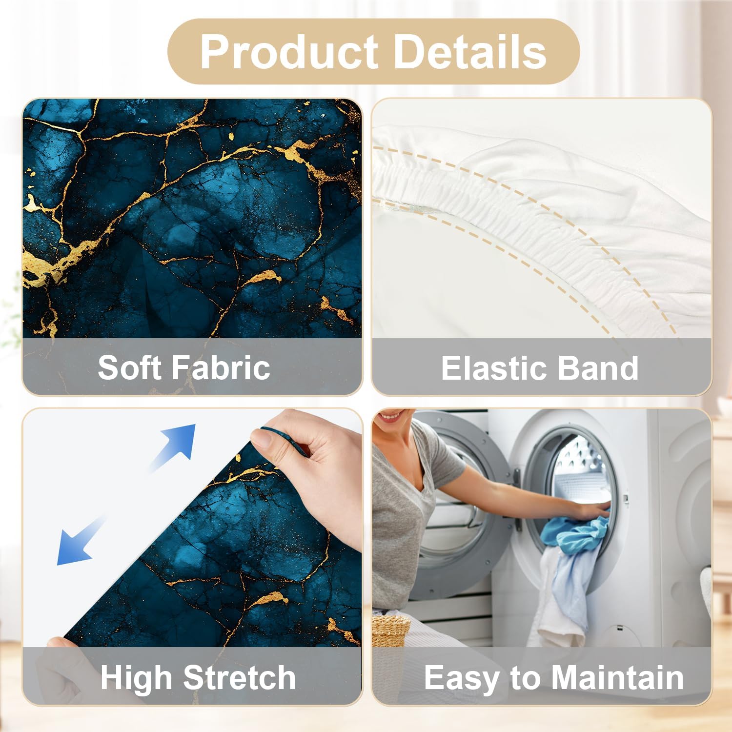 Luxury Marble Chair Covers for Dining Room – Stretch Blue and Gold Abstract Pattern Slipcovers – Modern Washable Seat Protector for Kitchen, Banquet, Office Decor, Set of 6