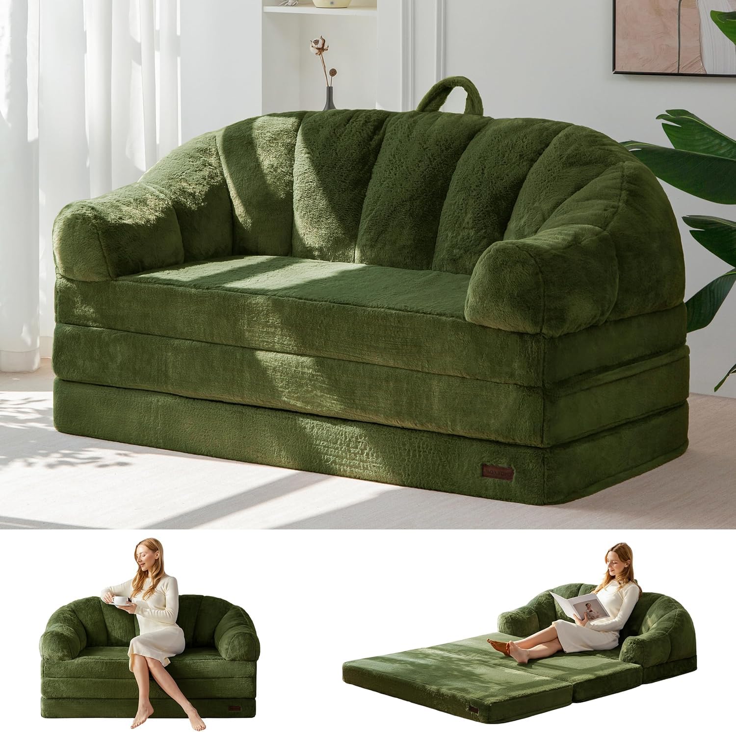 MAXYOYO Loveseat Single Sofa Bed, Folding Bean Bag Chair, Faux Fur Fabric