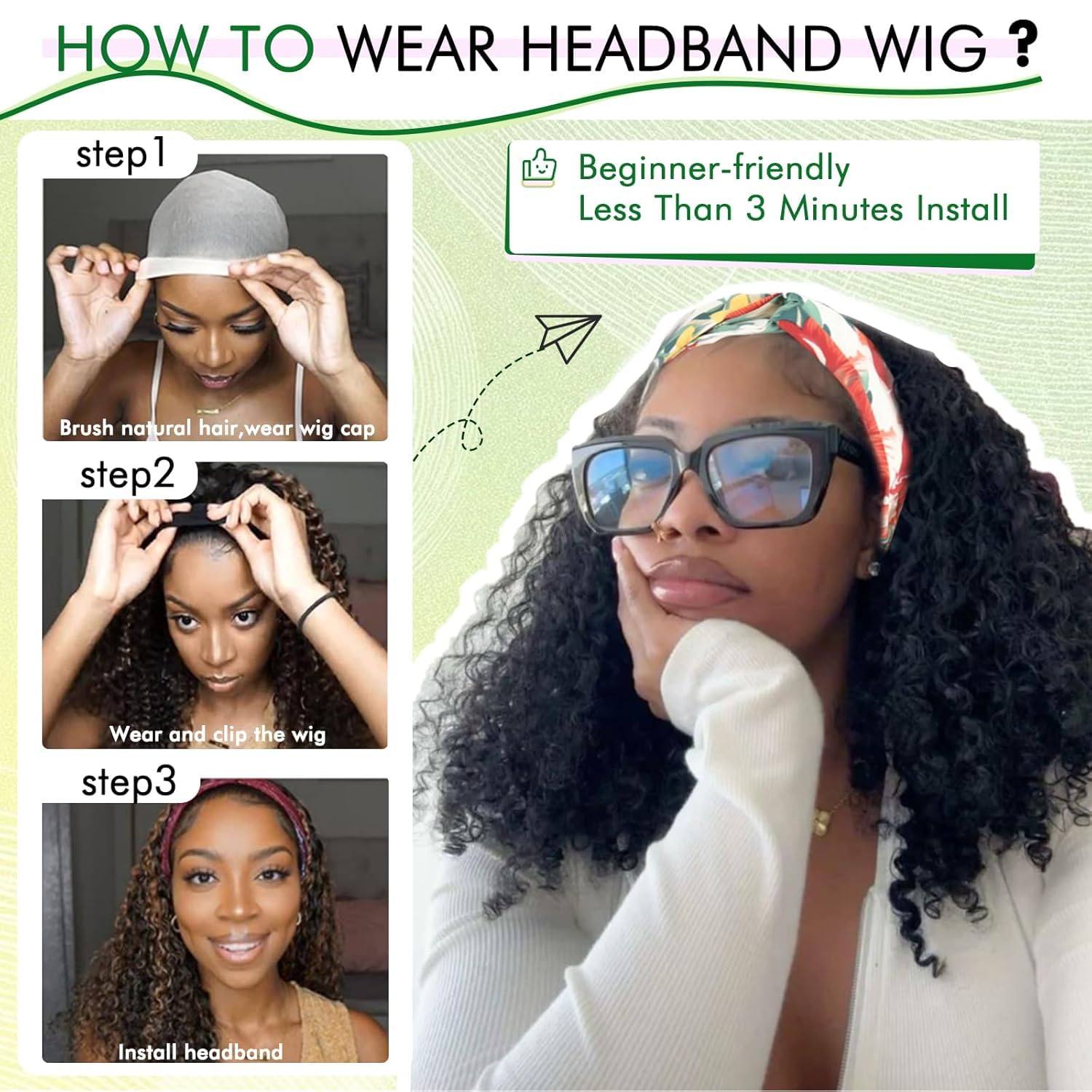 SCENTW Short Curly Headband Wigs for Black Women 12inch Deep Wave Black Headband Wig for Women Curly Head Band Wig with Headbands Attached Daily Use