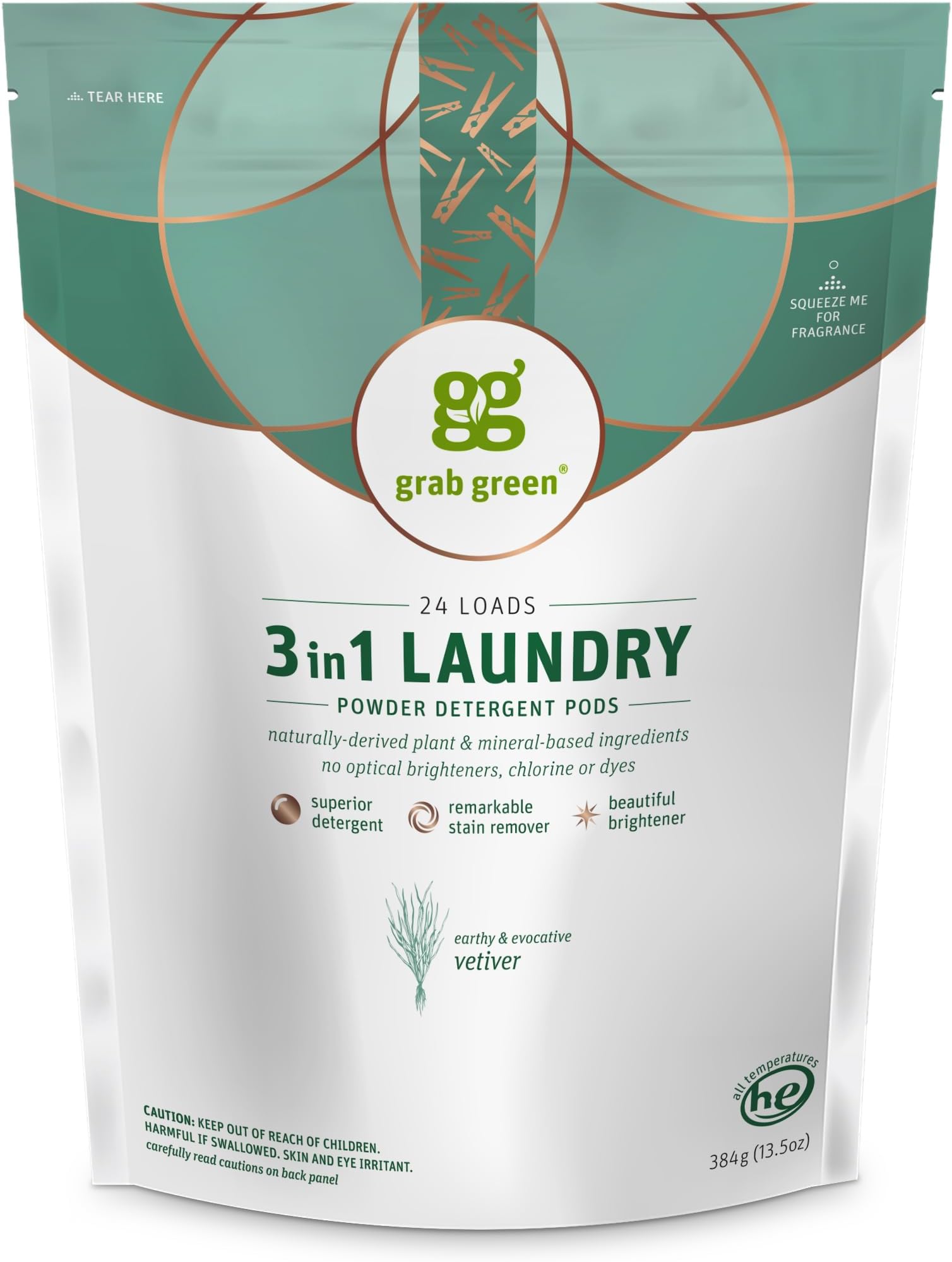 GrabGreen, 3-in-1 Laundry Detergent Pods, Vetiver, 24 Loads, 15.2 oz (432 g)