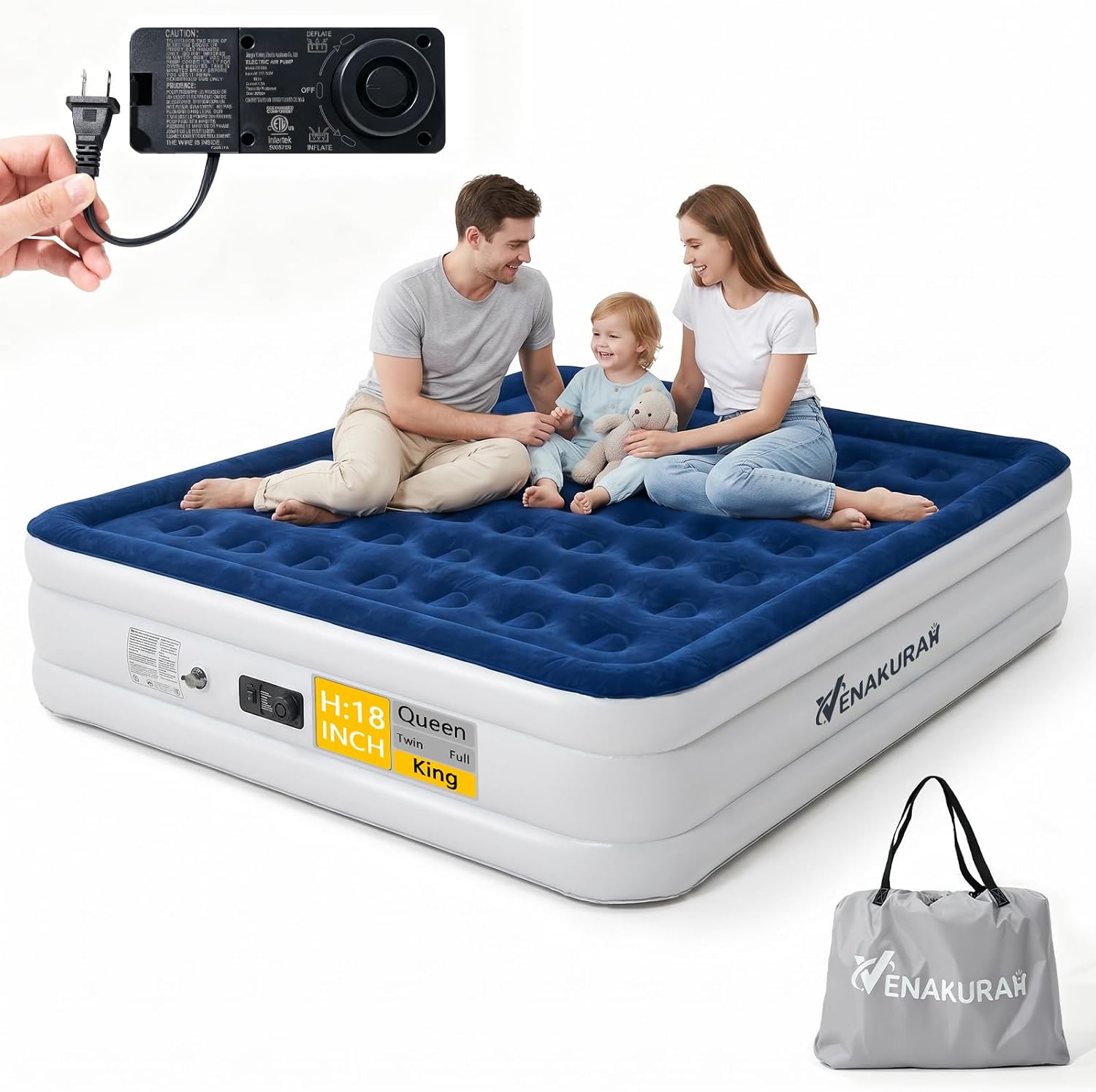 Queen Air Mattress with Built in Pump, 18" Inflatable Mattress, 3-Min Fast Inflation Air Bed, Leak-Proof Queen Size Air Mattress, Portable Blow Up Mattress for Guests, Moving, Camping & Home