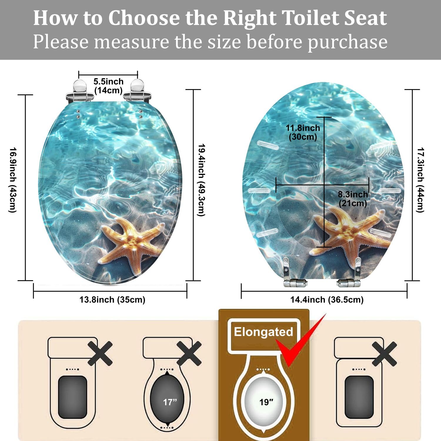 Elongated Resin Toilet Seat Starfish Seashell Summer Beach Quiet Close