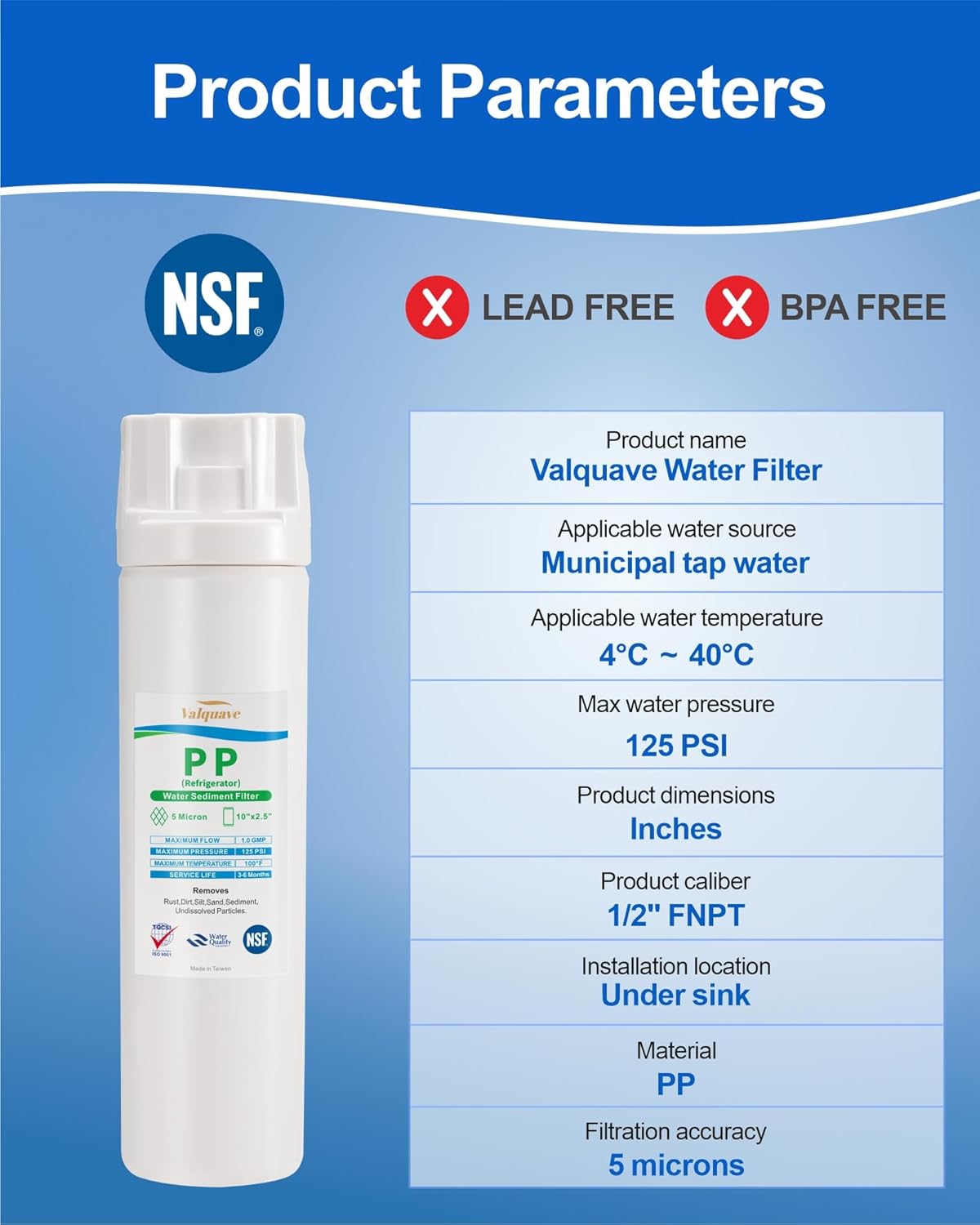 Under Sink Water Filtration System, NSF Certified 10 x 2.5 Inch PP Sediment Filter Cartridge, 5 Micron, Lead-Free, BPA-Free Heavy Duty with 1/2 Inch FNPT Inlet/Outlet