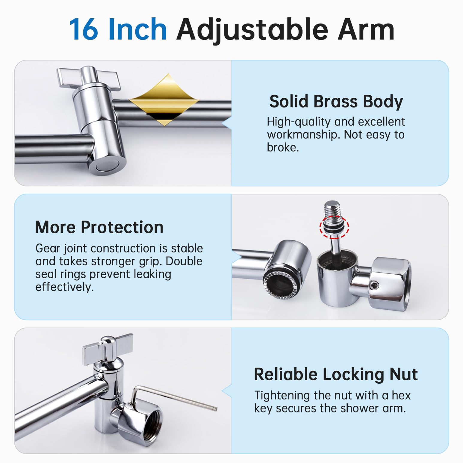 G-Promise Alcachofa de ducha de lluvia de metal de 14 pulgadas con brazo de extensión ajustable de 16 pulgadas, cabezal de ducha de lluvia de alta presión, aspecto moderno de lujo, rectangular, grande