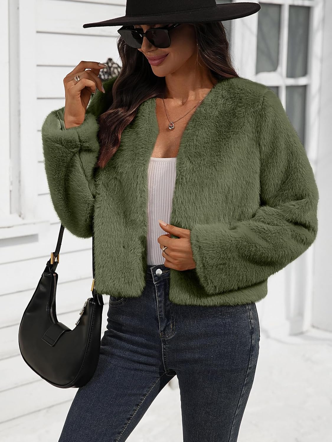 Women's Faux Fur Cropped Jacket Crew Neck Long Sleeve Oversized Shrugs for Dresses Fluffy Coats Pocket Winter - Image 2