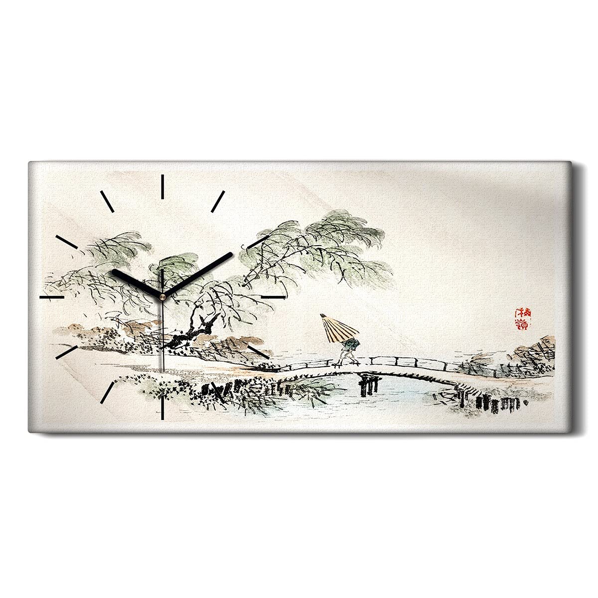 Horloge de salon sans tic tac tableau sur toile 60x30cm pont asiatique et arbres