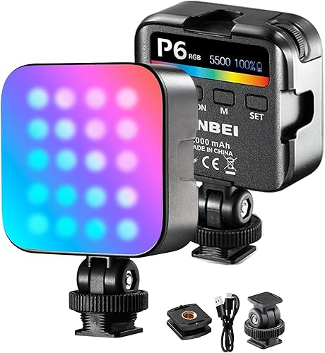 JINBEI Luz de video LED RGB P6, luz de cámara 360 a todo color con 4 soportes de zapata fría27 modos de escenaCRI 98+CCT 2700K-7500K, 2000mAh