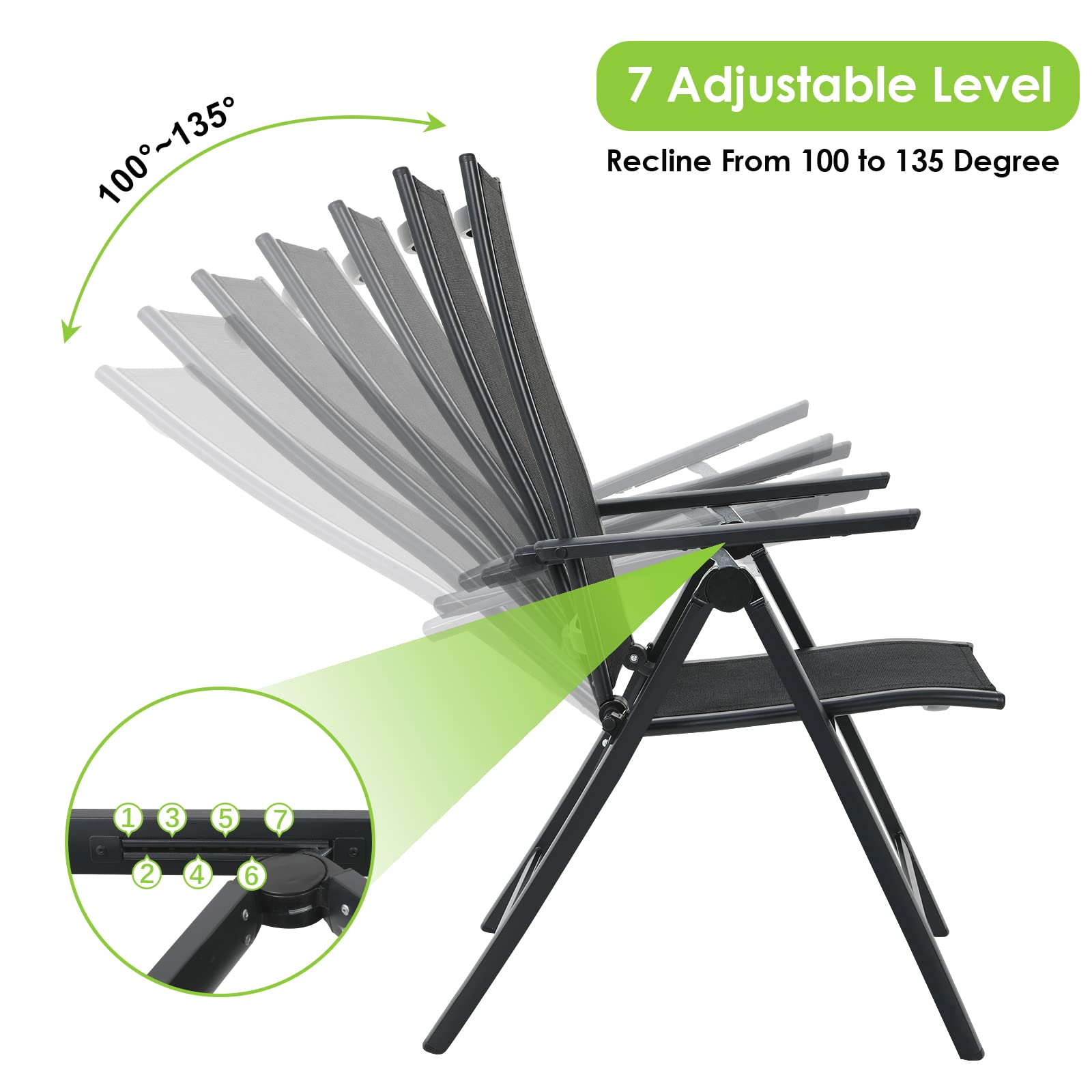 LIFERUN Hochlehner Gartenstühle 2er Set – Klappbar, Aluminium, 7-fach Verstellbare Rückenlehne, Wetterfest, Schwarz, Für Balkon & Camping