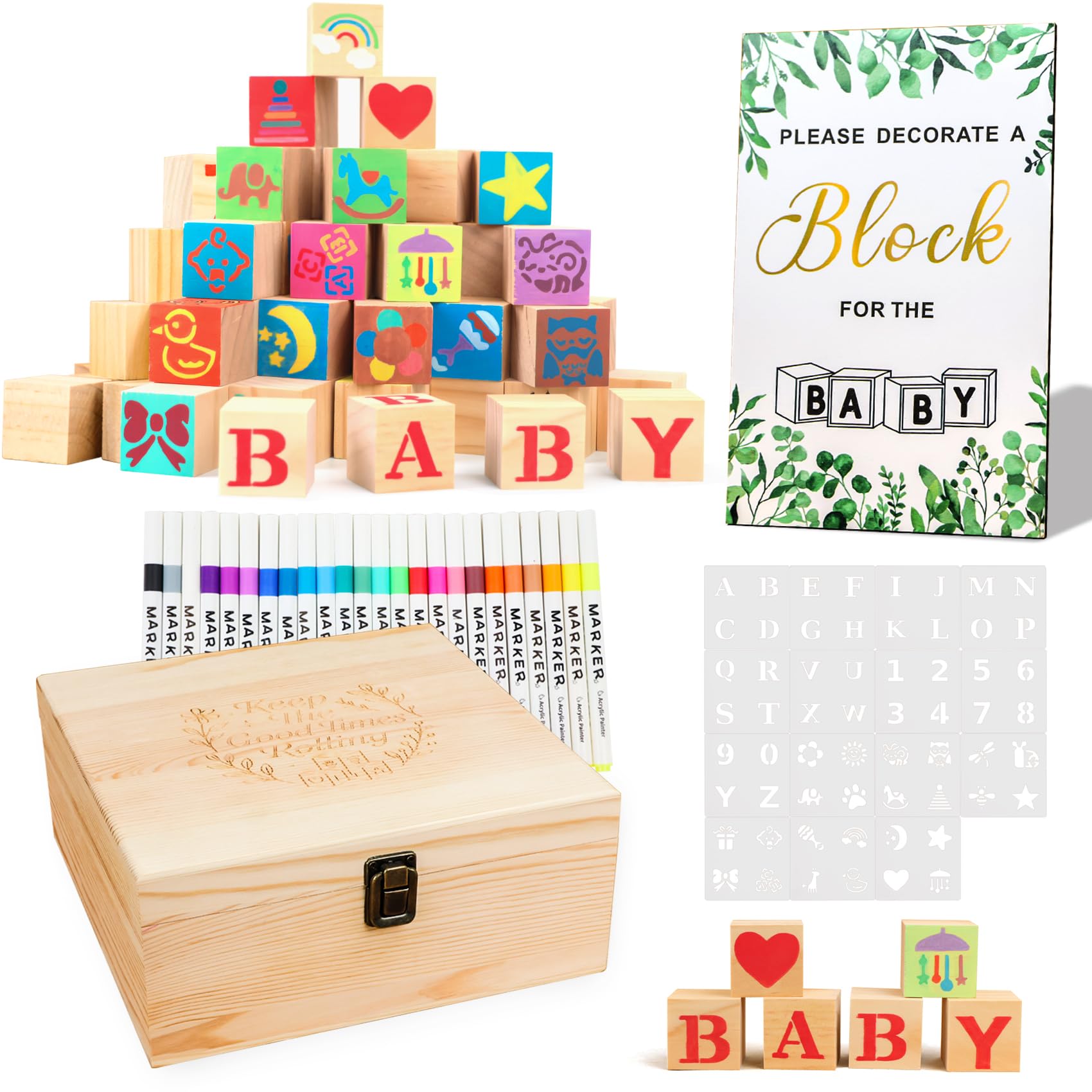 138 PCS Funny Baby Shower Games Sign Kit,Baby Shower Favours,52 DIY Blank Wooden Block 60 Stencils 24 Watercolor Marker for Wedding Baby Shower Game.Gender Reveal Games.