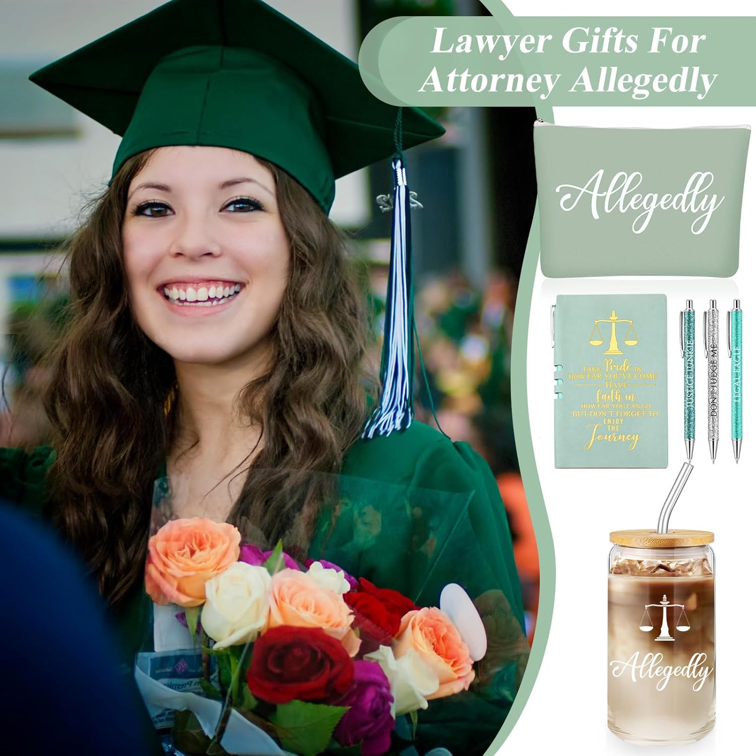 Domensi 6 Pcs Funny Lawyer Gifts Allegedly Essentials for Law School Student 16 oz Glass Cup Tumbler Makeup Bag Notepad Ballpoint for Women Valentine's Day Law Bar Study Paralegal Attorney(Green) - Image 5