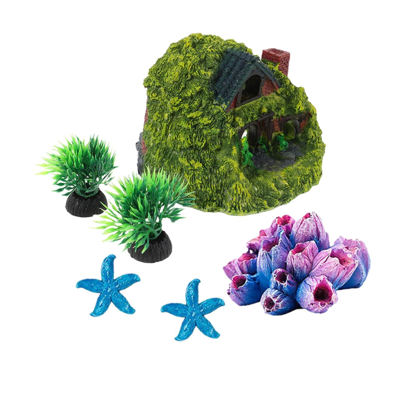 Aquarium Fish Hiding House and Reptile Hideout Cave Set Resin Small Double-Layer Shelter with Coral Ornaments Fish Tank