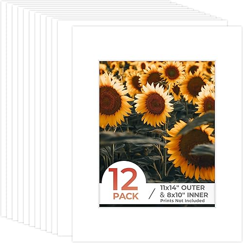 Frametory, Alfombrillas precortadas blancas de 11 x 14 pulgadas para fotos, impresiones y obras de arte de 8 x 10 pulgadas, núcleo blanco, corte
