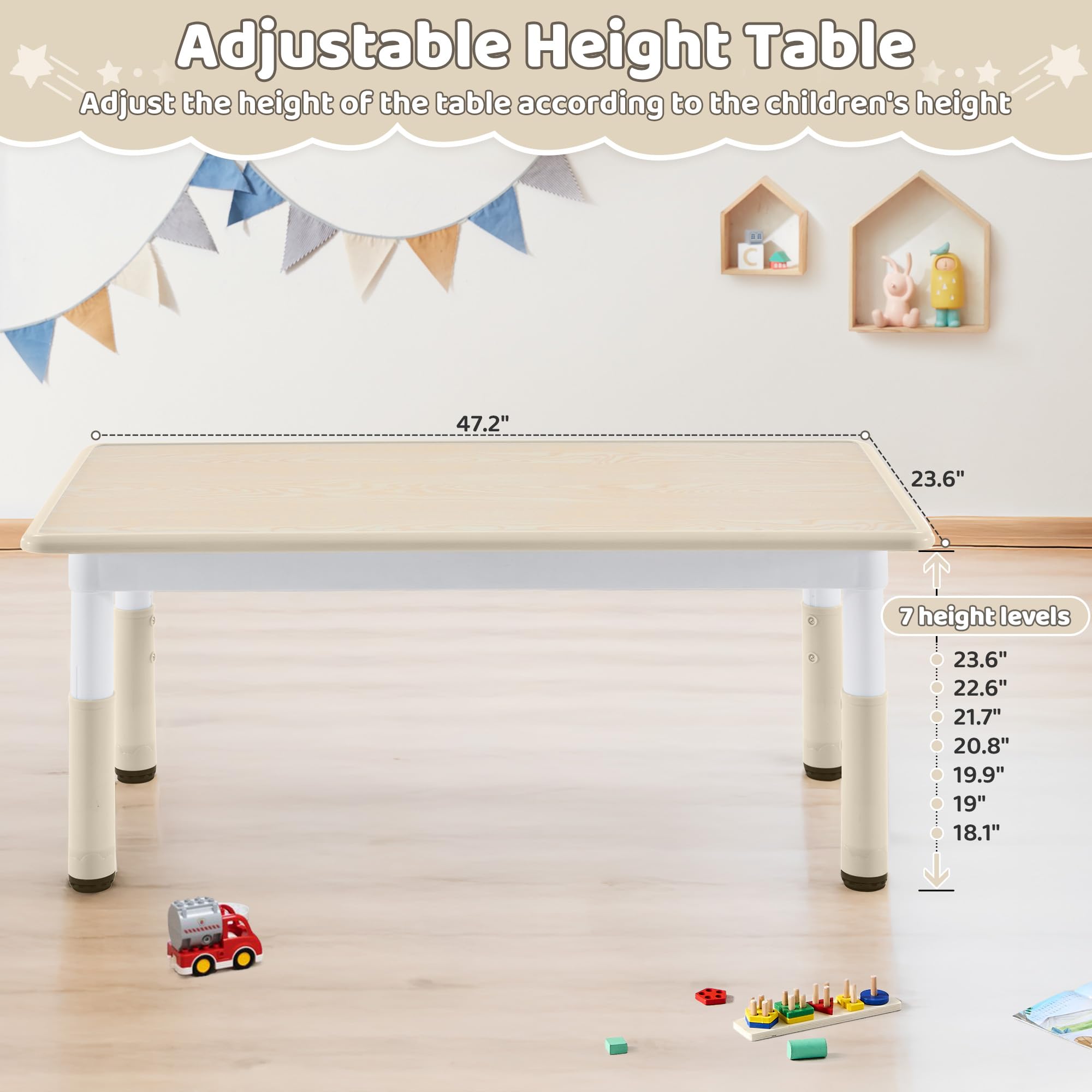 DOREROOM Toddler Table, 7 Level Height Adjustable Kids Play Furniture for Ages 3-8, Rectangular Plastic, 23.6