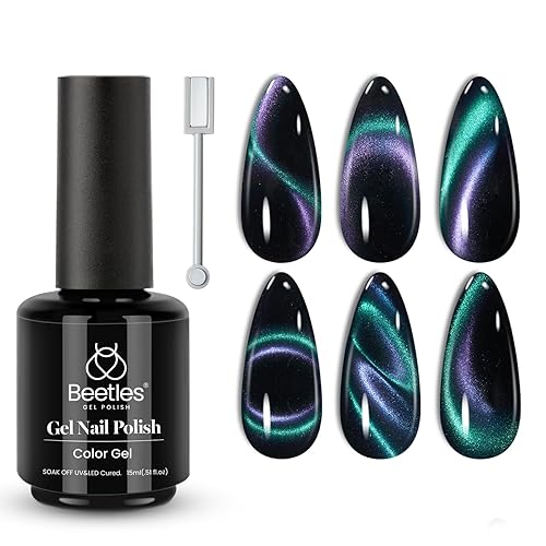 Beetles - Esmalte de uñas de gel de ojo de gato, 1 unidad de 0.5 onzas líquidas, esmalte de gel holográfico con purpurina brillante con imán