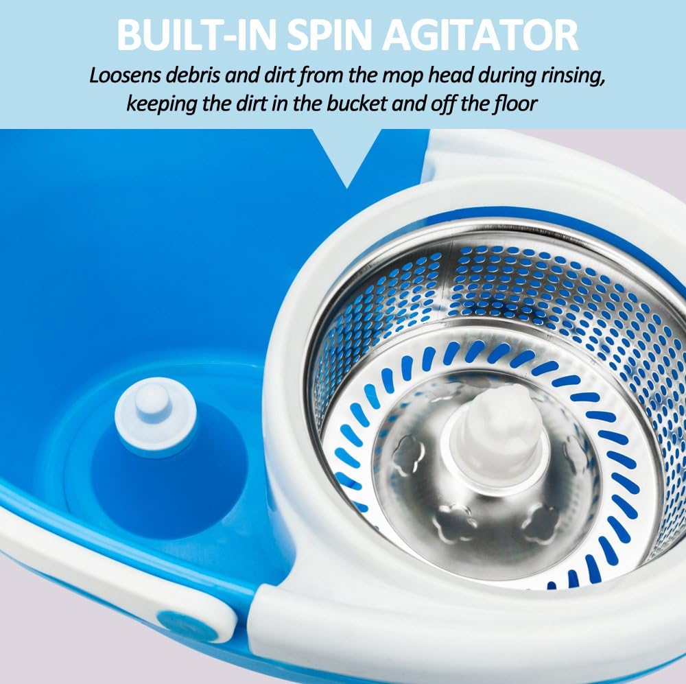 Valuebox 360°Spin Mop Bucket System Stainless Steel with Extended Length Handle&2 Microfiber Mop Heads, EasyWring Spin Mop Bucket System, Magic Spinning Mop Floor Cleaning System for Home Kitchen