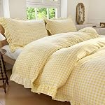 NSNLGSGC Tan Gingham Ruffle Duvet Cover Queen Size, 3 Pieces Taupe Soft Pre-Washed Microfiber Checked Plaid Comforter Cover Set, Vintage Farmhouse Bedding Set(Tan Gingham, Queen 90"x90")