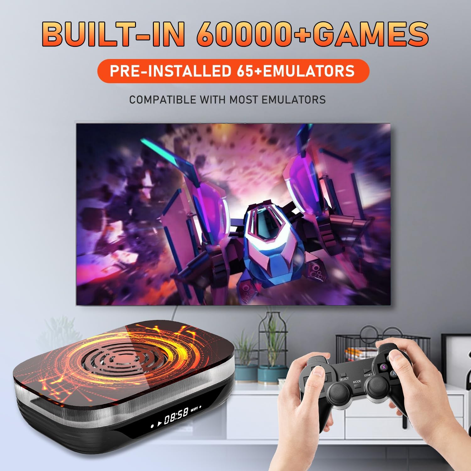 Super Console X4 Plus advertising 60,000+ built-in games and 65+ emulators
