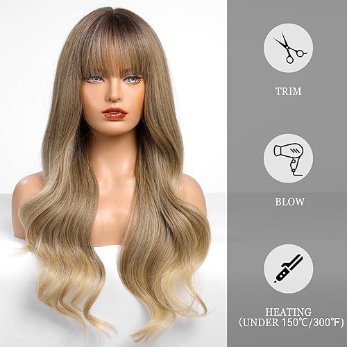 Miniatura 4 de HAIRCUBE Peluca de color marrón rojizo ombré, peluca larga y rizada con flequillo, aspecto natural, resistente al calor, peluca sintética adecuada