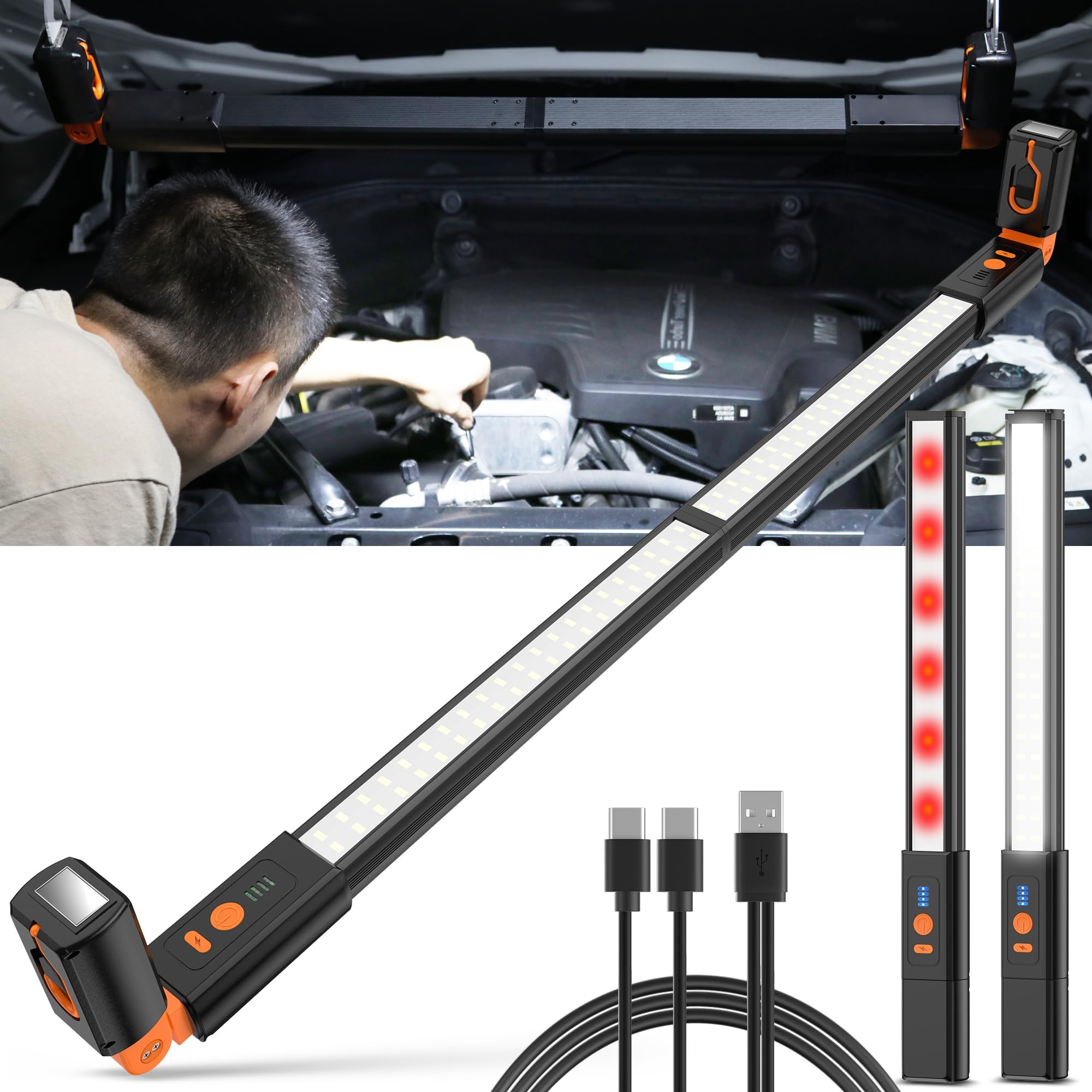 YiaMia Detachable LED Work Light Rechargeable, Aluminum Panel Long Underhood Work Light, 6000mAh Hood Light Bar with Magnetic and Hooks, Cordless Bright Work Lamp for Car Repairing Garage Workshop