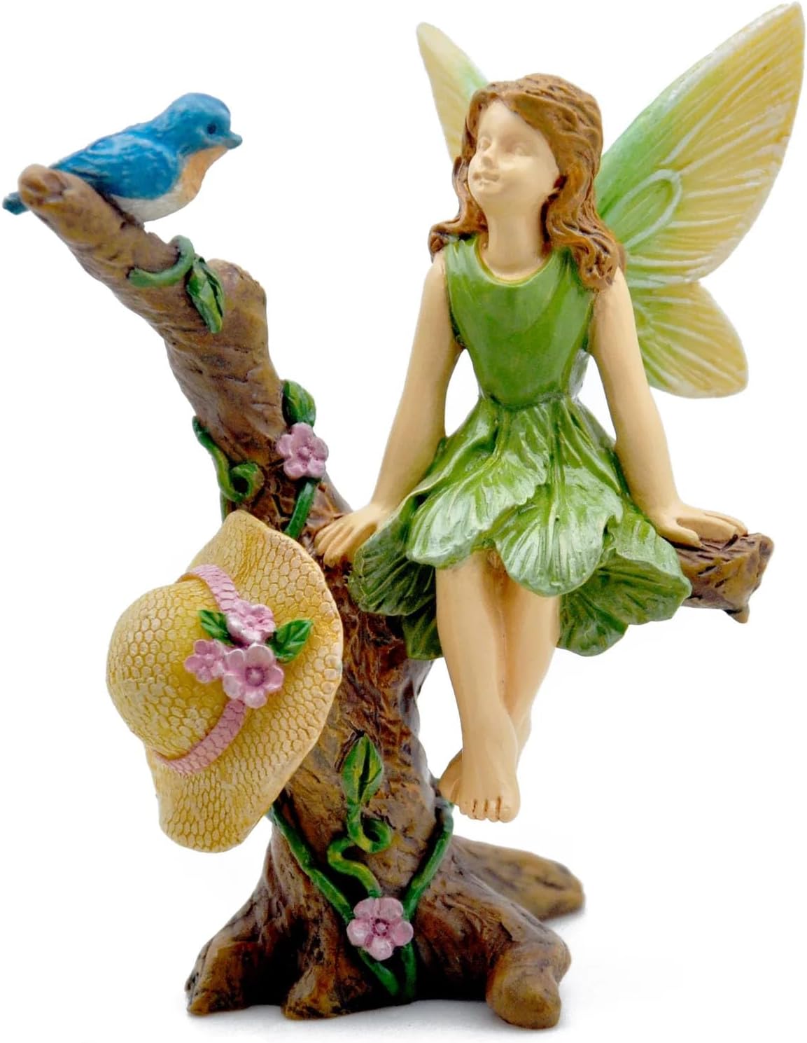 Marshall Home & Garden Fairy and Bird Conversation in Tree - Multicolor Resin Miniature Figurine for Garden, 4 x 1 Inch, MG465