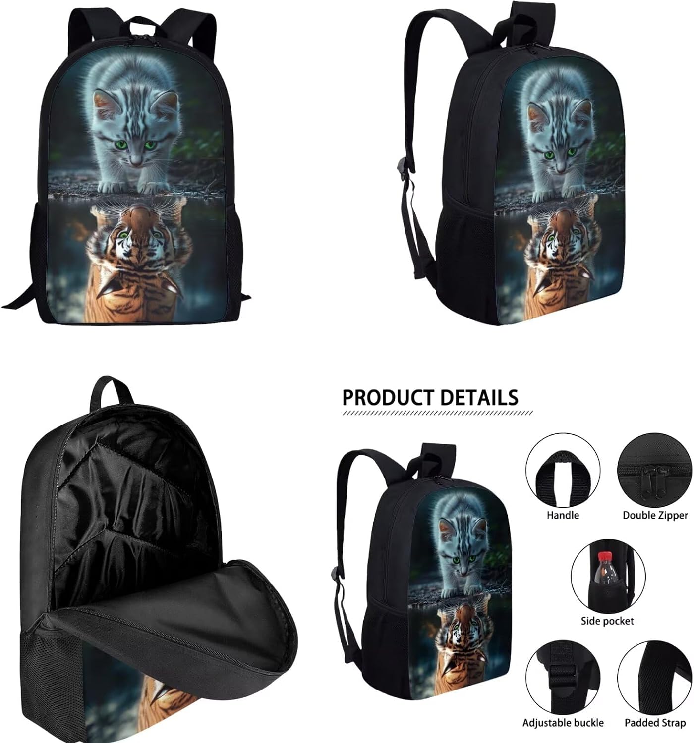 Cat Backpack and Lunch Box Set Girls 5-6/6-7/7-8 Tiger Elementary School Bookbag with Lunch Bag 4 in 1 Student Back Pack Lunchbox Pencil Case Water Bottle Holder Primary Schoolbag