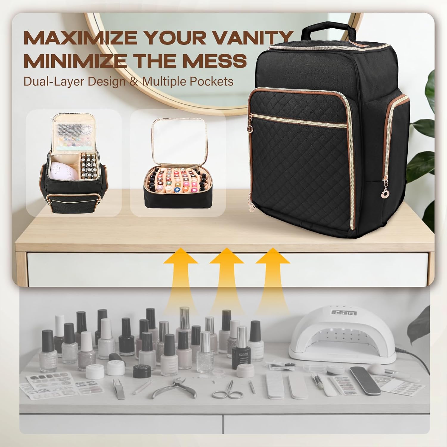 Nail Polish Organizer Backpack Holds 126 Bottles & Nail Lamp, Extra Large Nail Organizers and Storage Case with 3 Removable Pouches, Portable Nail Bag for Tech & Travel