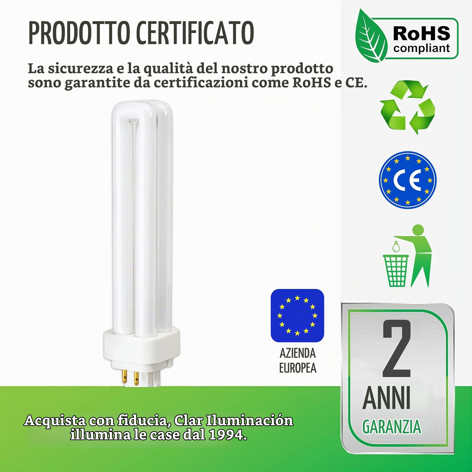 CLAR - Lampadina PLC Gemini D/E 26W Luce Naturale 4000K G24q-3 L, Non Regolabile (Pack 10)