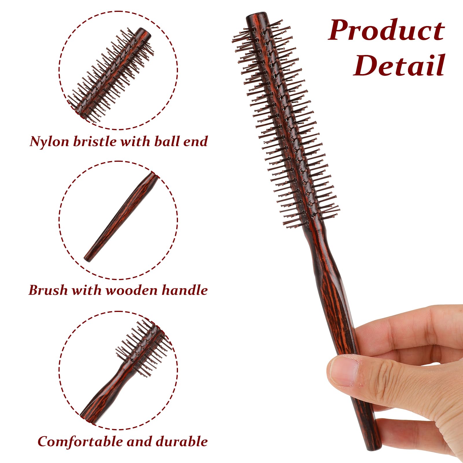 Small Round Hair Brush for Blow Drying 1 Inch Mini Quiff Roller With Pear Wood Handle and Ball Tip Nylon Bristles - Image 3