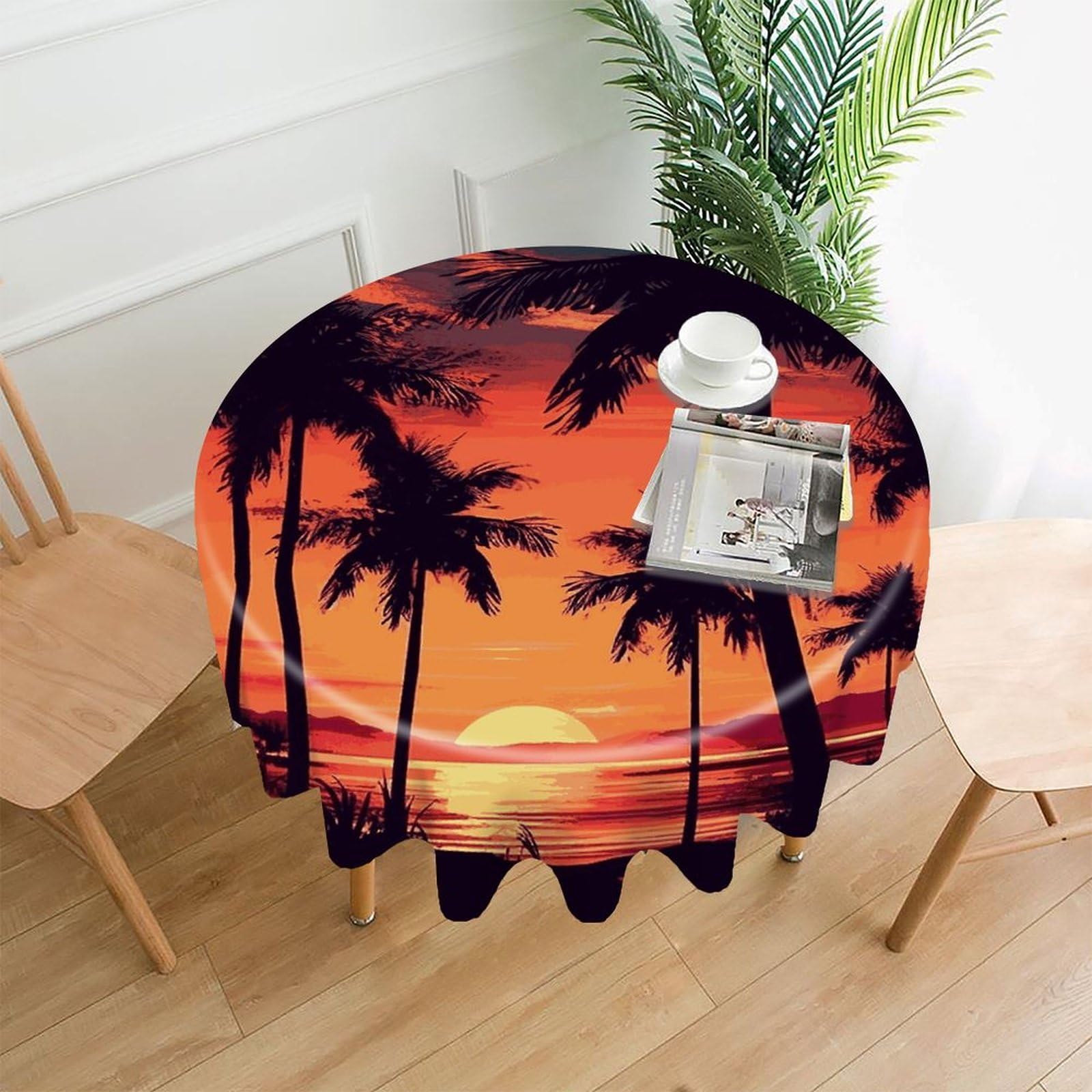 FekiLoot Palm Tree Summer Sunset Round Tablecloth Cover 60 Inch Wrinkle Free Washable Polyester Fabric Table Cover Decorative Round Table Cloth for Home Dining Kitchen Party Farmhouse