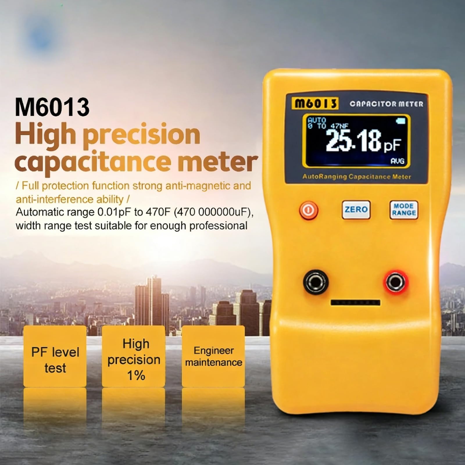 Digital Kapazitätsmessgerät, 0.01pf Bis 470mf Kondensator Messgerät Kapazitätsmesser, M6013 Auto-Ranging Capacitance Meter Capacitor Tester Mit 2 Testclips und Halterung für Gerätefehlerprüfung