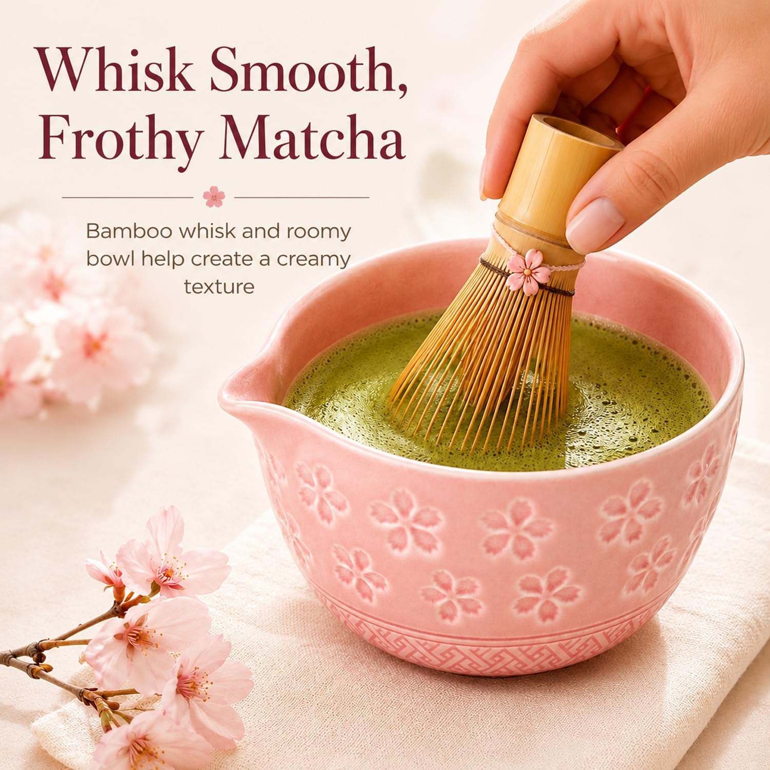 8-Piece Matcha Kit Set with Ceramic Matcha Bowl, Bamboo Whisk, Sifter & Accessories, Pink Cherry Blossom Matcha Tea Set for Beginners & Tea Lovers