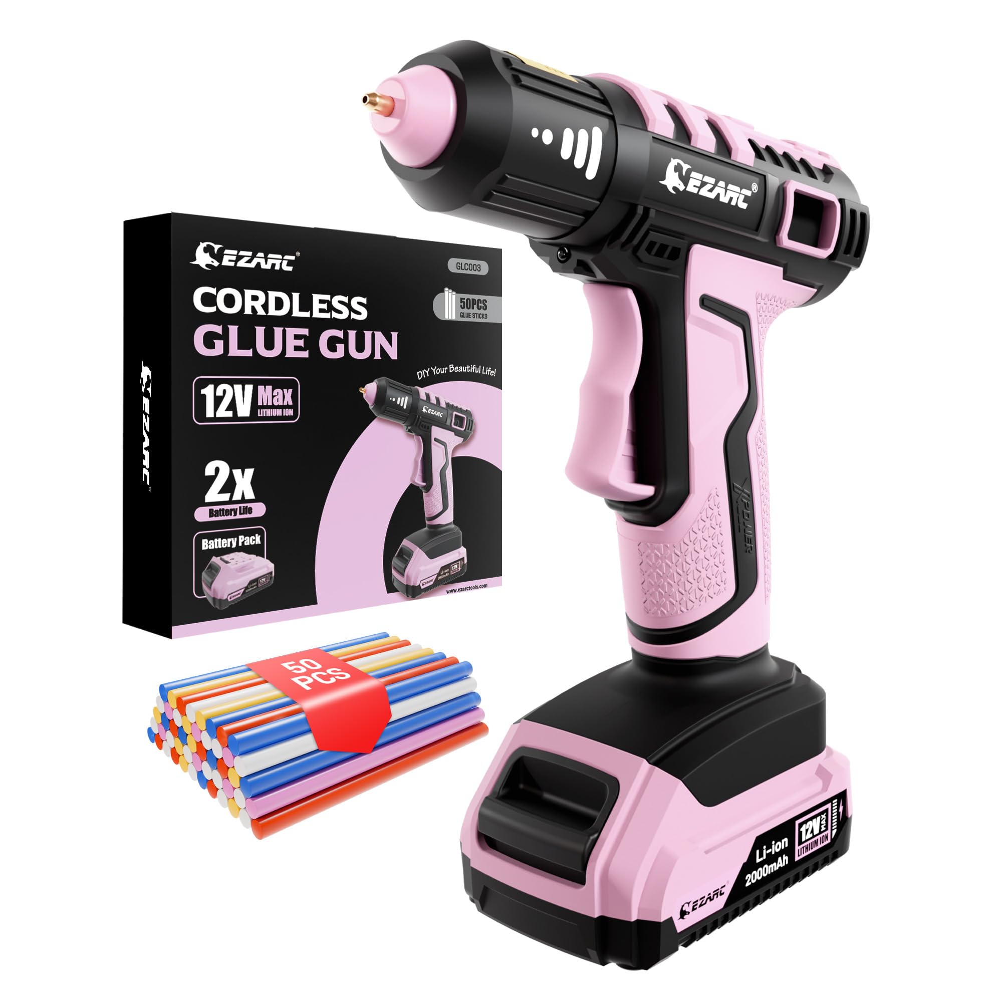 EZARC Pistola de Pegamento Caliente Inalámbrica, Calentamiento Rápido en 15s, 12V Pistola de Pegamento Mini para DIY, Reparaciones Caseras, Proyectos Escolares, Decoraciones, con 50 Barras Mini, Rosa