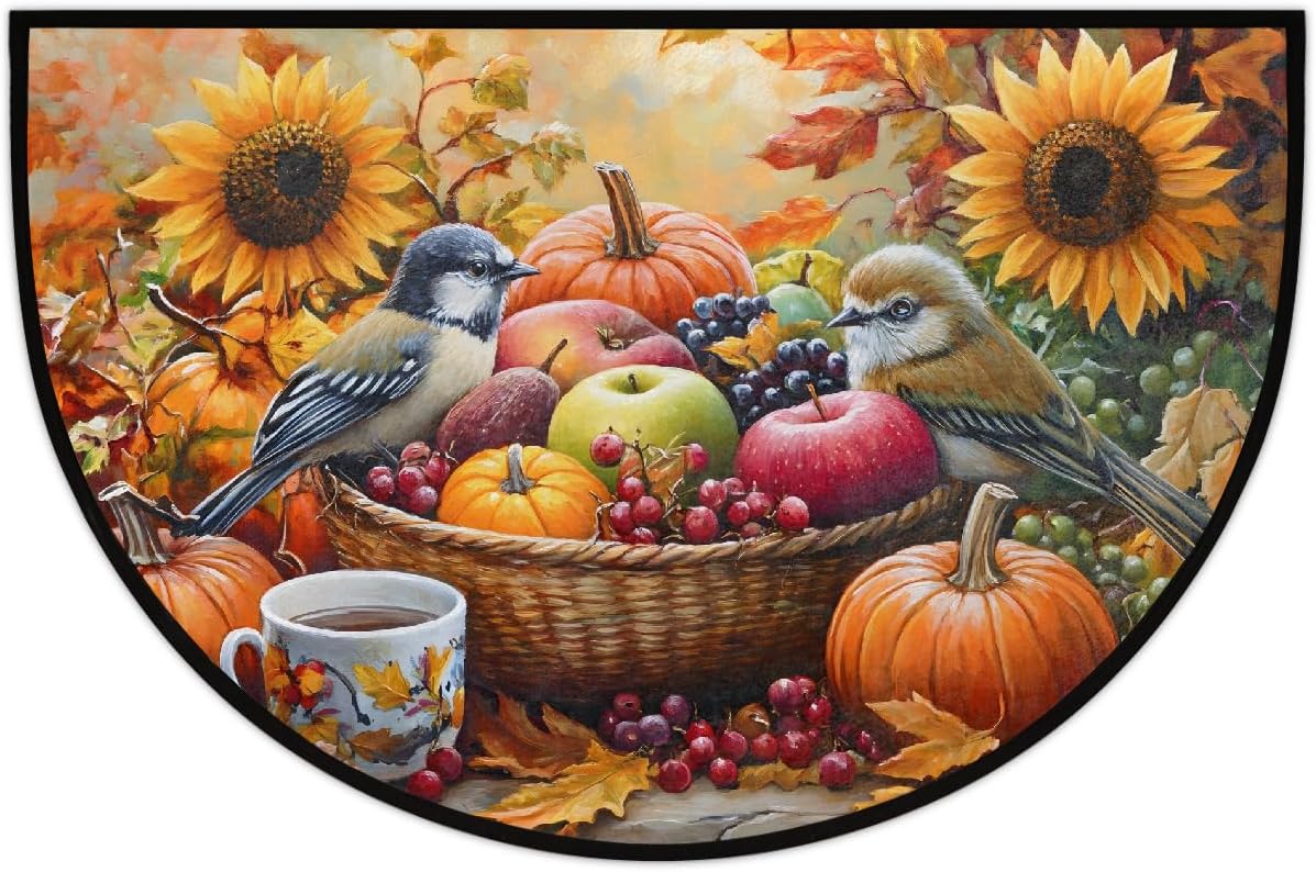 Thanksgiving Pumpkin Flowers Half Round Door Mat Autumn Non Slip Washable Semi Circle Area Rug Absorbent Soft Half Moon Rug Floor Mat for Indoor Outdoor Kitchen Bathroom Patio Front Door Mat Decor
