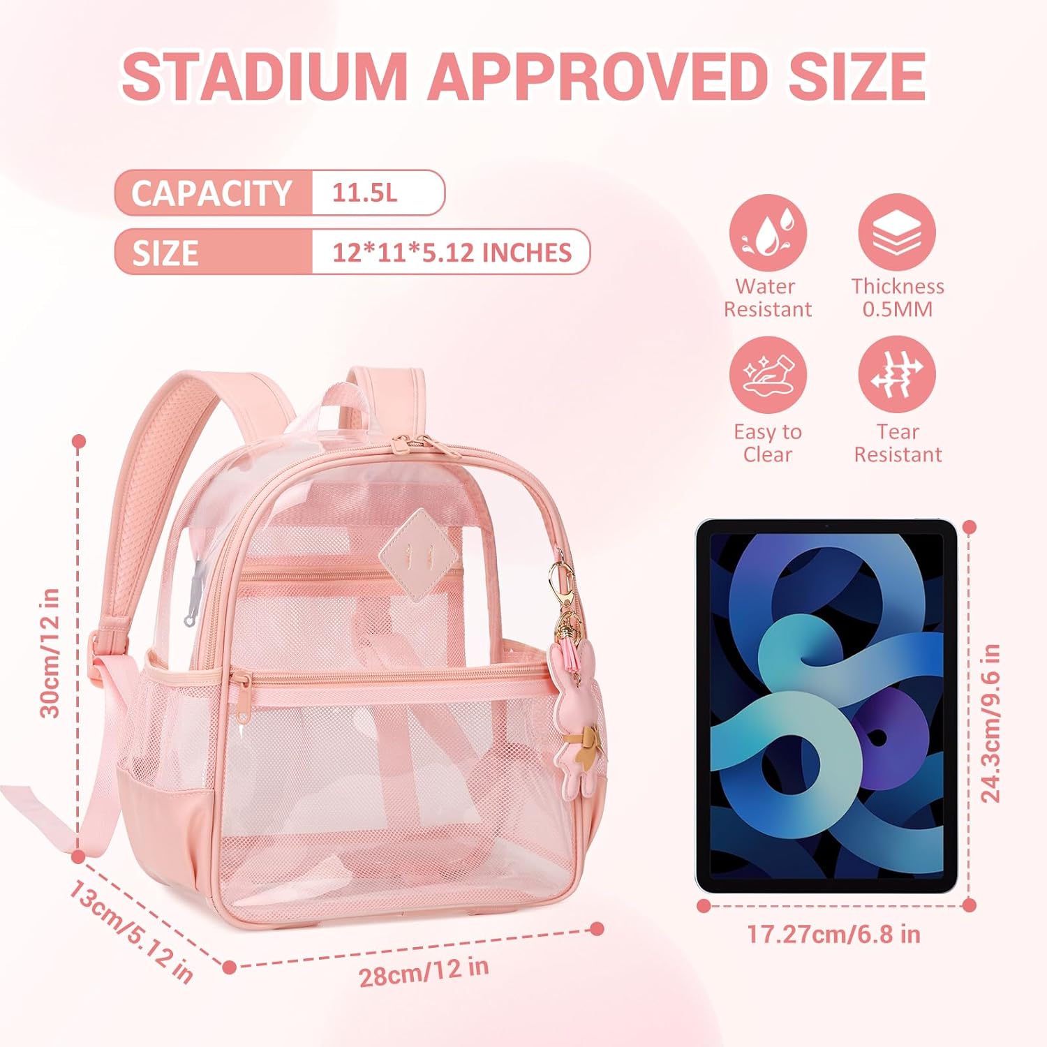 Clear Backpack for Stadium Events Approved 12×6×12, Thick TPU Mini Clear Bag with Front Pocket for Concert Sport Events Work Travel, Pink - Image 2