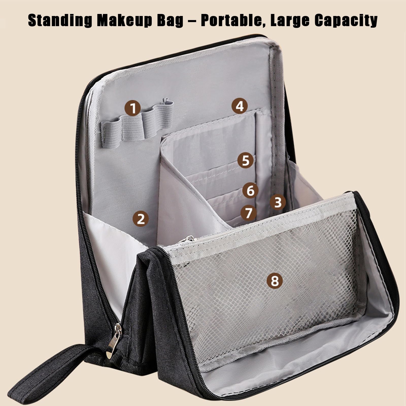 Bolsa de maquillaje, organizador portátil de gran capacidad con compartimentos, impermeable, multifuncional, diseño de apertura vertical, ideal para viajeros, Red