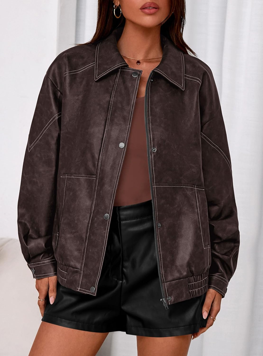 PRETTYGARDEN Faux Leather Jacket Women Bomber Motorcycle Zip Up Jackets Oversized Fall Fashion Outfits 2026 Winter Coats - Image 8