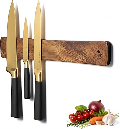 4 YORVOY Magnetic Knife Holder for Wall-16 inches long Kitchen Organizer- No Drilling Knife Magnetic Strip- Compact Utensil Holder- Acacia Wood