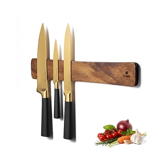 4 YORVOY Magnetic Knife Holder for Wall-16 inches long Kitchen Organizer- No Drilling Knife Magnetic Strip- Compact Utensil Holder- Acacia Wood Knife Rack- Strong Knife Magnet- Easy Installation