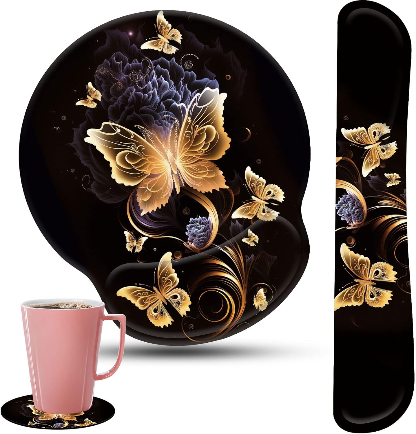 Keyboard Wrist Rest and Mouse Pad Wrist Support Set with Coffee Coaster, Non-Slip PU Base for Gaming and Office, Comfortable & Lightweight for Easy Typing & Pain Relief,Gold Butterfly