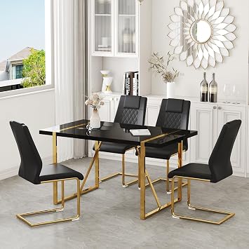 55 Modern Dining Table Set for 4, Black Dining Tabletop and Golden Metal Frame, Rectangle Dining Room Table with 4 Black Upholstered Dining Chairs. Dinner table Set for Kitchen and Dining Room.