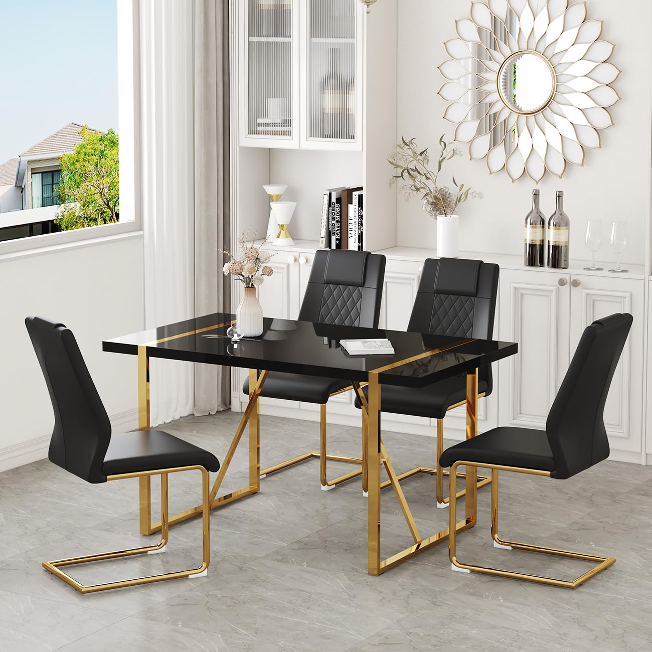 Amazon.com - 55‘’ Modern Dining Table Set for 4, Black Dining Tabletop ...